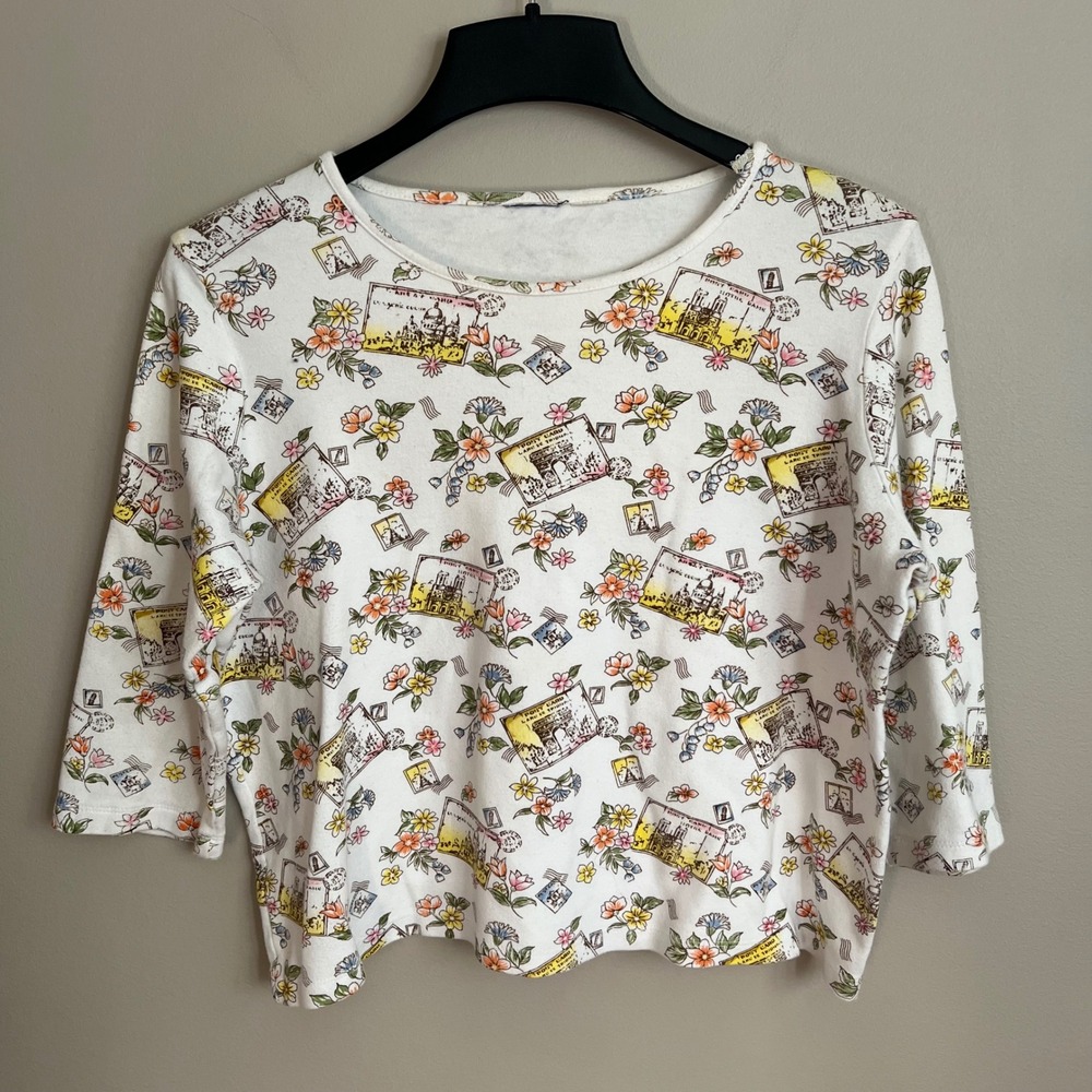 Vintage 90's Paris Euro Postcard Graphic Floral 3/4 Sleeve Artsy Conversational - Picture 1 of 5